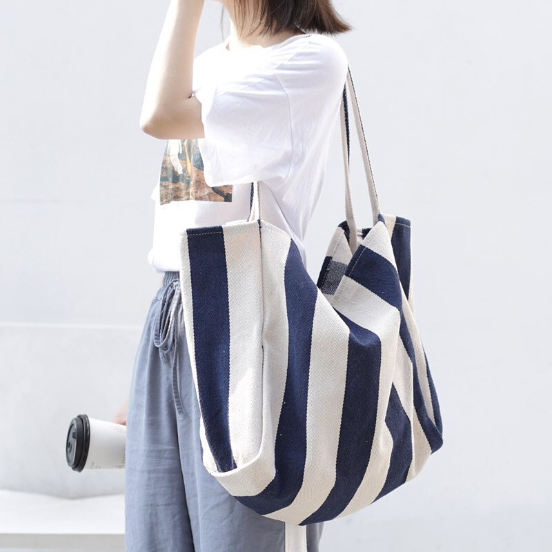 Large Capacity Canvas Women's Bag Retro Simple Striped Women's Shoulder Bag Multifunctional Casual Open Tote Shopping Bag