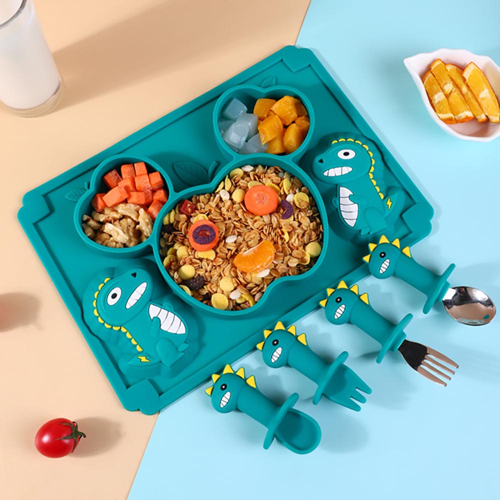 Silicone Baby Zuignap Plaat Slabbetjes Voeden Set Servies Bestek Kinderen Rvs Lepel En Vork Doseren Gerechten Din