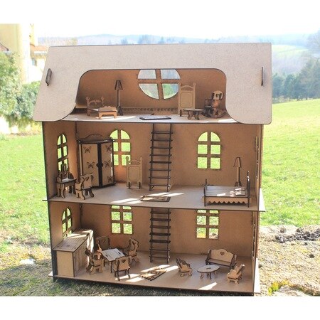 Vreugde En Speelgoed Houten Speelhuis + Miniatuur Items-Verf + Borstel 424704529