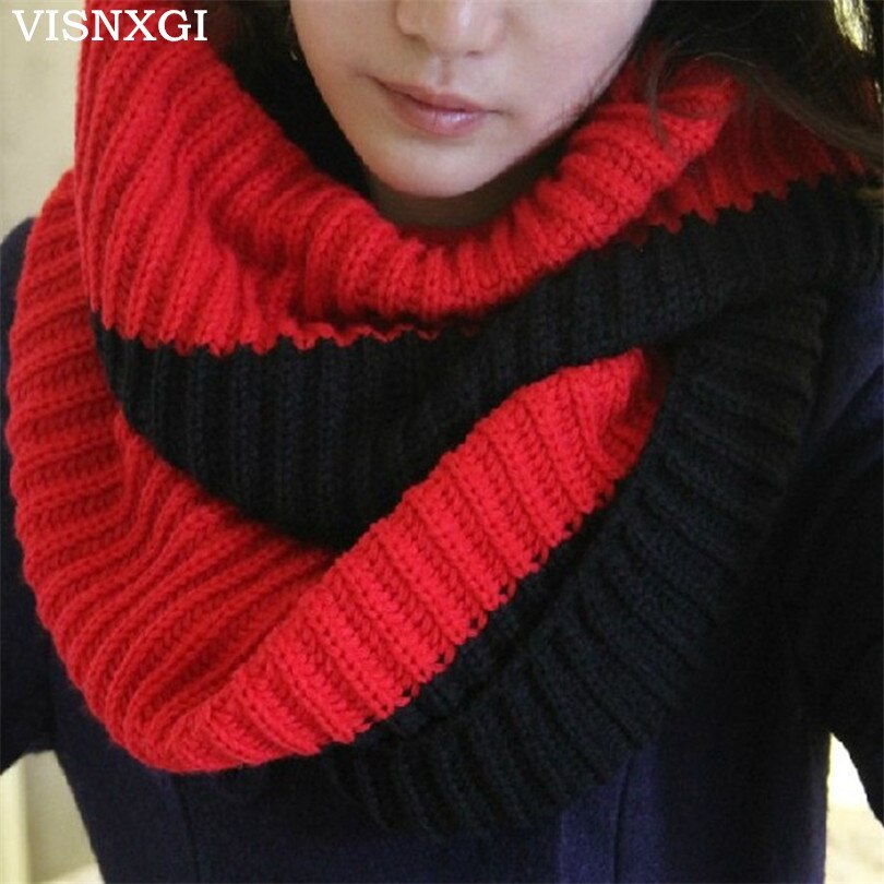 VISNXGI Winter Cable Ring Scarf Women Knitting Infinity Scarves Knitted Warm Neck Circle Scarf Bufandas Cuellos: W090 Red black