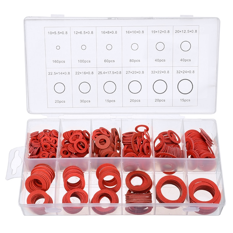 600pcs 12 Sizes Red Steel Paper Fiber Flat Washer Kit Insulation Washer Gasket Nut &amp; Bolt Set Flat Ring Seal Assortment Kit