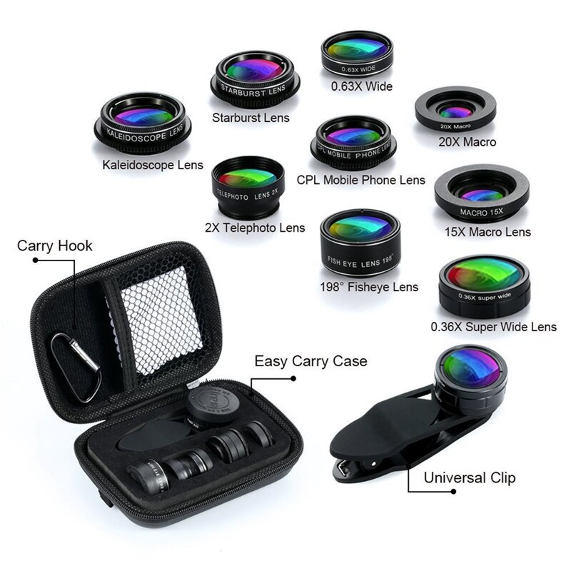 Obiettivo della Fotocamera del telefono, 9 in 1 kit per Le Lenti per Iphone X Xs Max 8 Del Telefono 7 più Samsung S10 S10E S9 S8