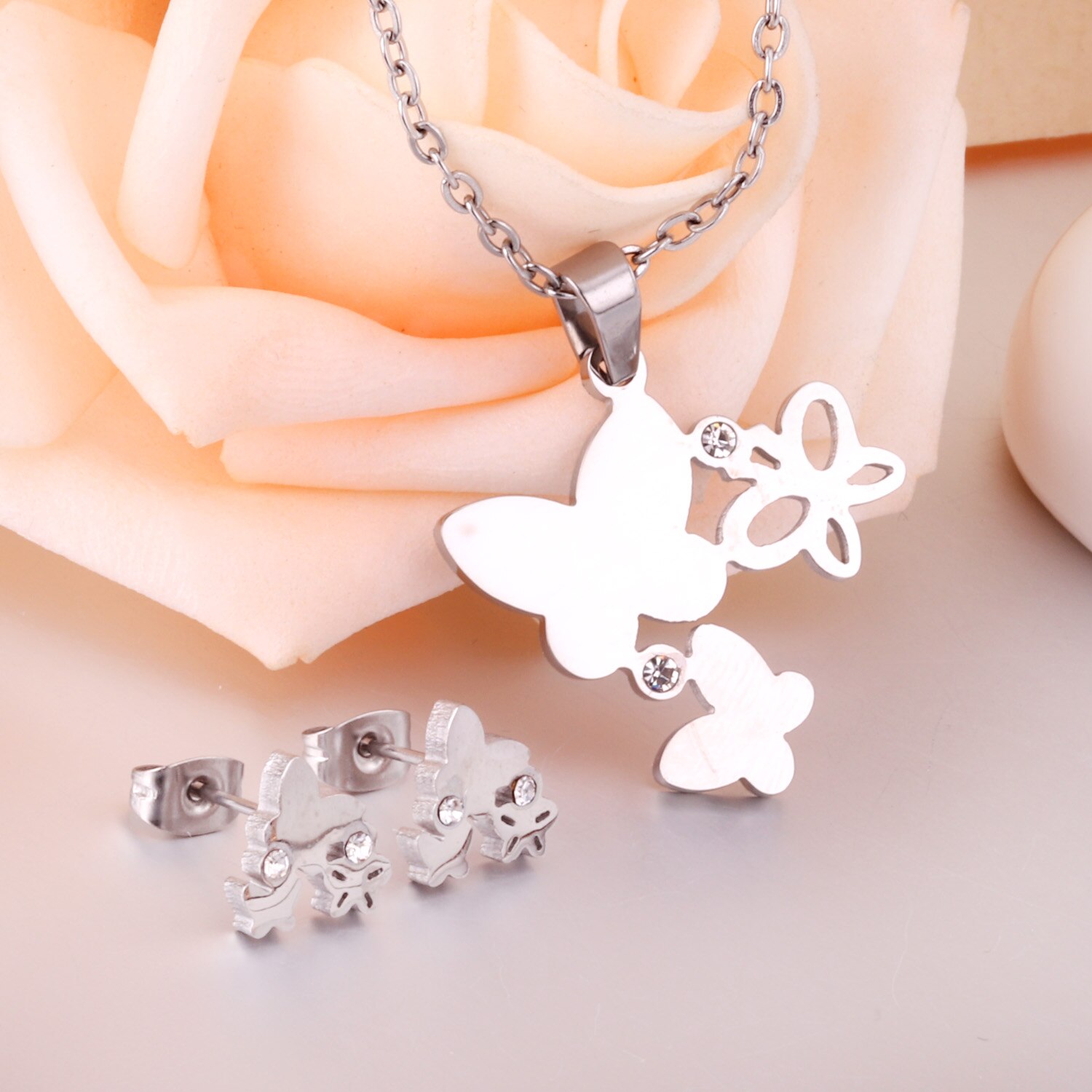 Luxukisskids Mode Vlinder Ketting Oorbellen Sieraden Set Voor Vrouwen Goud-Kleur Crystal Meisjes Dubai Bruiloft Sieraden Sets