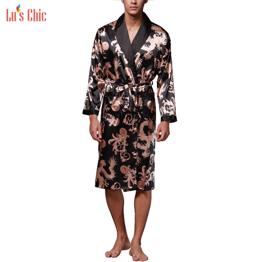 Lu's smarte mænd satin kimono kåbe langærmet silke badekåbe luksuriøse badekåber husfrakke nattøj: Sort / Xxl