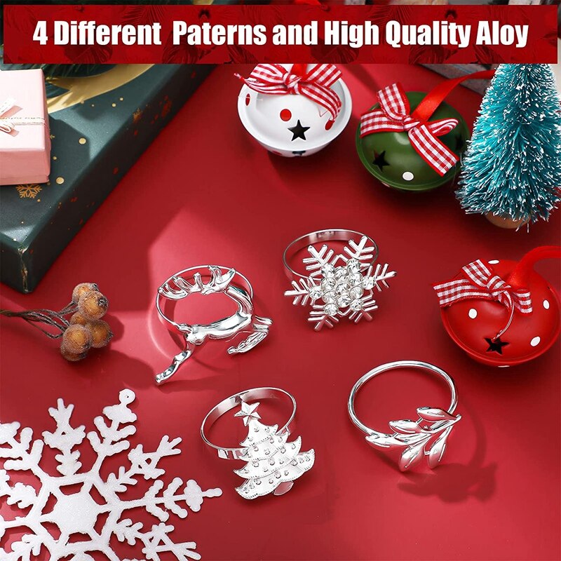 16Pcs Zilver Kerst Servetringen Sneeuwvlok Servetringen Decor Kerst Herten Servet Houders Bladeren Tafel Ringen Decor