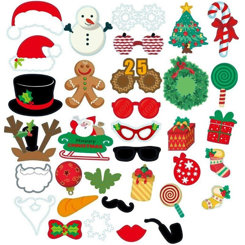 Christmas Photograph Props For Carnival Year Party Photo Booth Decos Paper Beard Lips Decorations Accessories: 35pcs