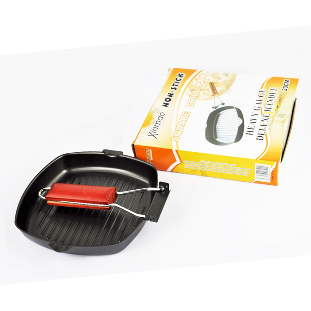 Cast Iron Steak Grill Pans Non-Stick Frying Pan Wooden Handle Folding for Kitchen Fry Cooking Steak Pans Portable Square Grill