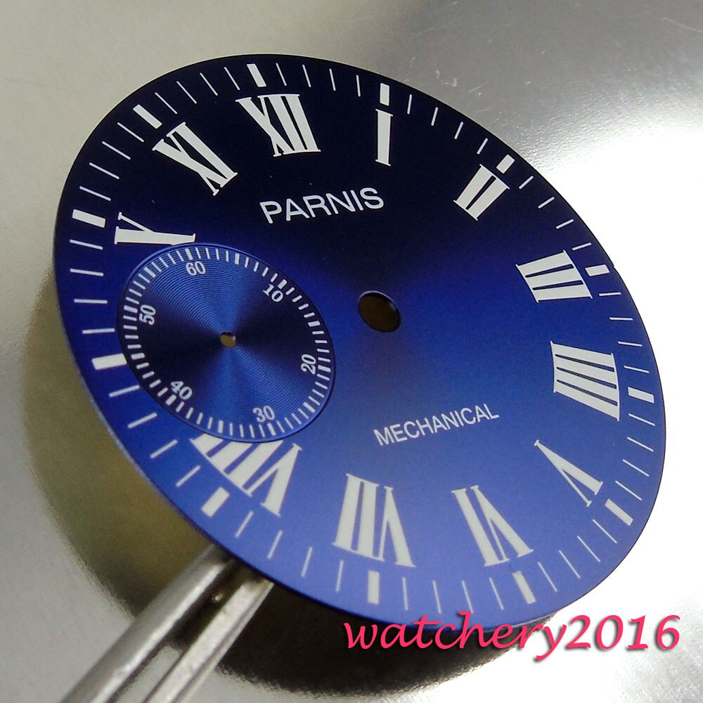 38.9mm Parnis blauwe wijzerplaat Romeinse cijfers fit 6497 hand winding beweging heren Horloge wijzerplaat