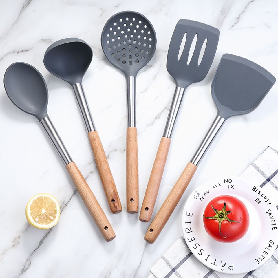 Espátula de silicona Flexible, utensilio de cocina, huevo, galleta, antiadherente, tortitas con mango de madera