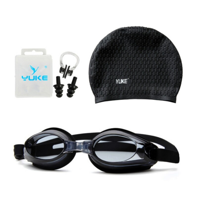 4 in 1 waterdichte anti-condens uv-bescherming surf zwembril zwembril en muts set volwassen zwembril zwemmutsen oordopjes: Zwart