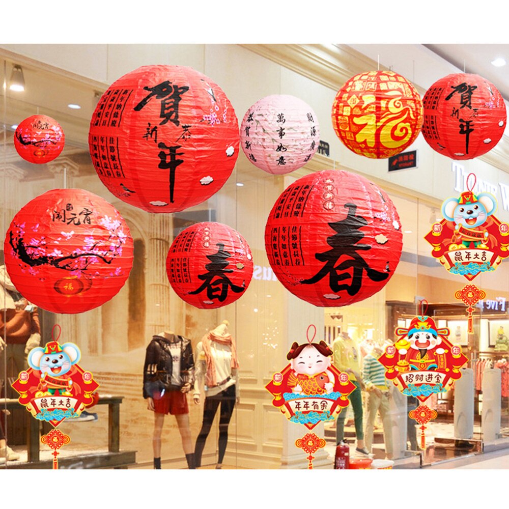 4pcs Chinese Year Paper Lanterns Red Celebration Decoration Round Hanging Lantern Party Supplies (Fu Character, 30cm)