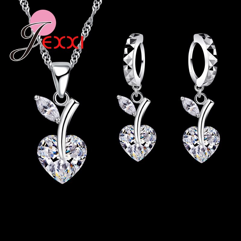 Romantische Crystal Heart Sieraden Set 925 Sterling Silver Cubic Zirkoon Cherry Ketting Oorbel Romantische Bruiloft Sieraden Set