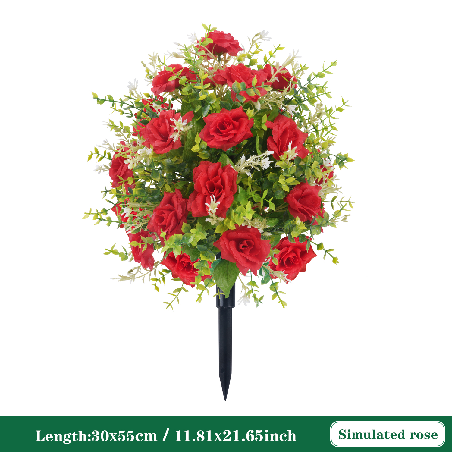 Rosa de flores artificiales con picos de tierra, estaca de jardín, arbustos verdes de imitación, decoración de jardín, porche de jardín al aire libre, decoración de boda: M / Negro