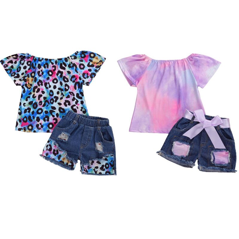 bébé été vêtements infantile enfants bébé fille cravate teinture léopard vêtements ensemble coloré chemise hauts déchiré trou Denim bas