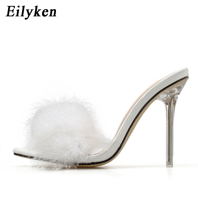 Eilyken kvinna tofflor fjäder pvc genomskinliga sandaler perspex höga klackar päls peep toe dam mulor slides skor