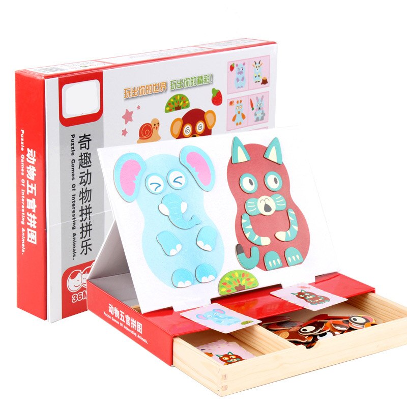 DDWE Kids Houten Dieren Veranderende Magnetische Puzzel Educatief Tekening Boards 3D Puzzel Kinderen Jigsaw Speelgoed voor kinderen dag: 01