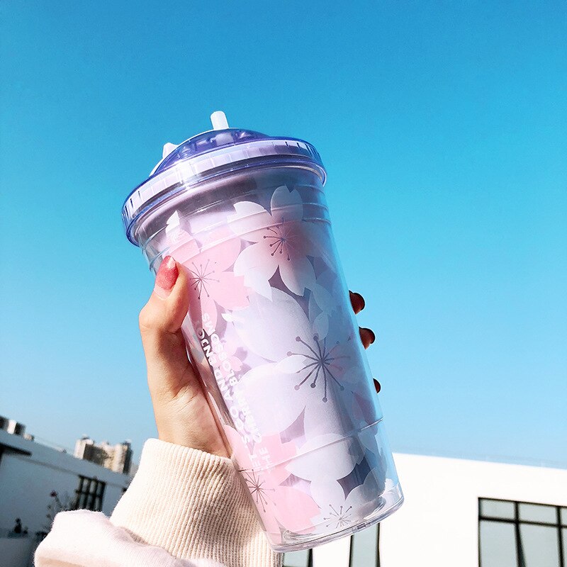 Yenhome double layer tumbler cup reusable romantic couple ice drink mug heat insulation cold insulation straw with lid 16 oz: purple