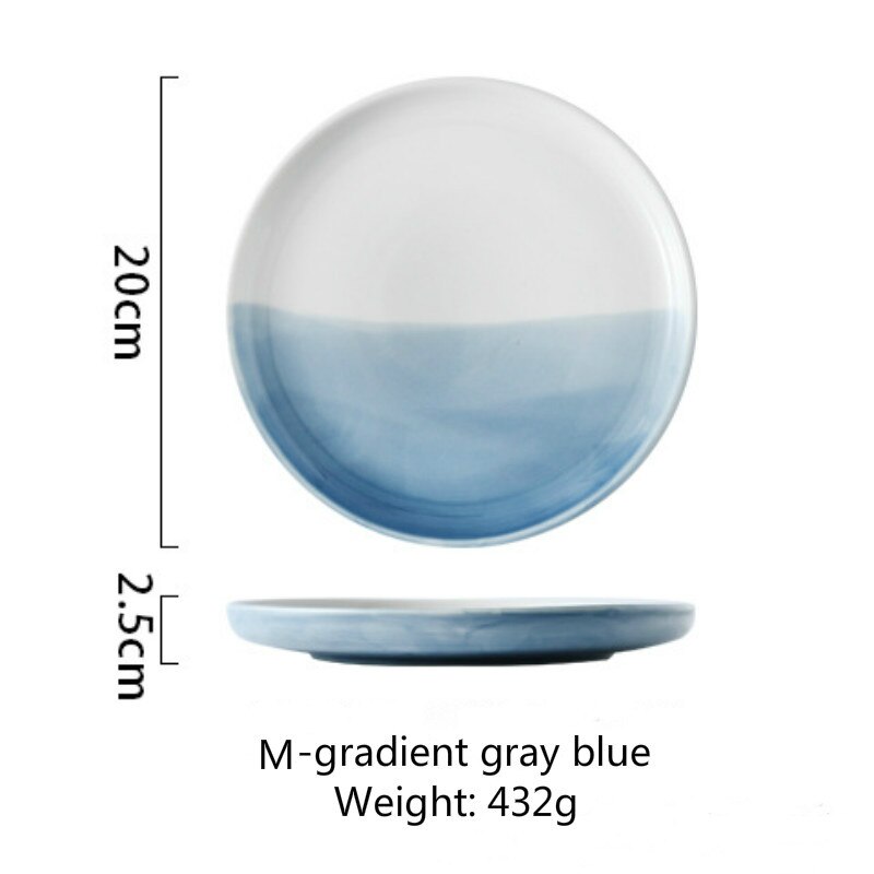 Vajilla de cerámica nórdica de 20/25cm, plato de Color degradado, para carne, Pasta y ensalada, bandeja de postre familiar: M Gray blue