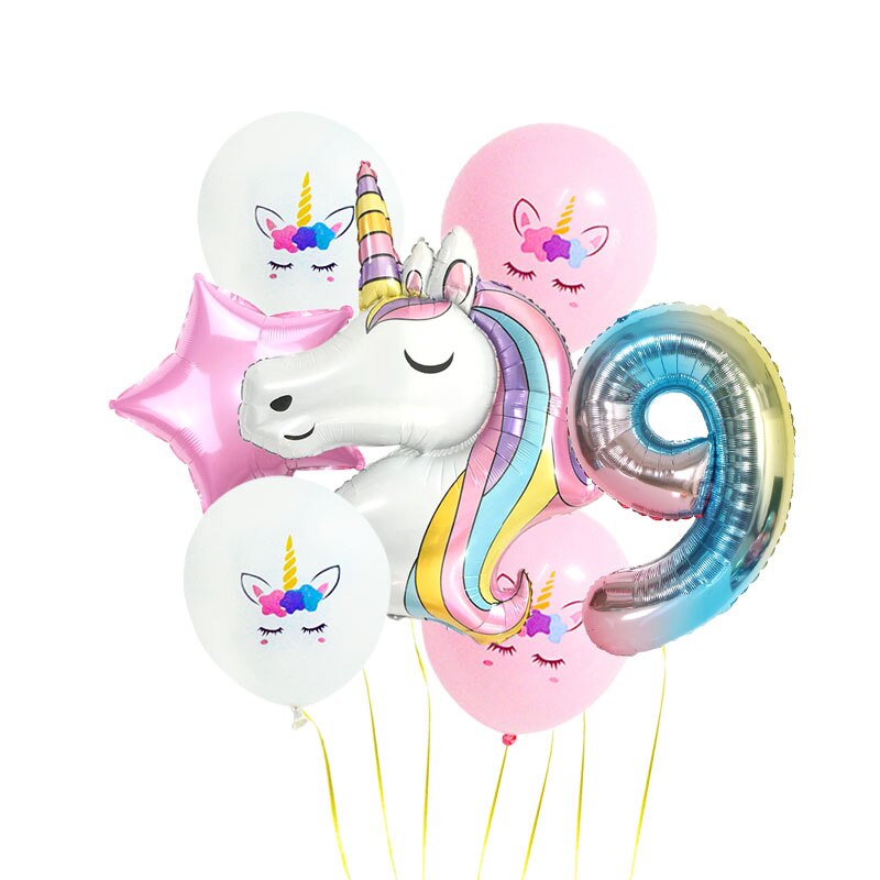 7 st regnbåge unicorn party ballonger unicorn födelsedagsdekoration nummer ballong barn födelsedagsfest dekoration för tjejer: 9