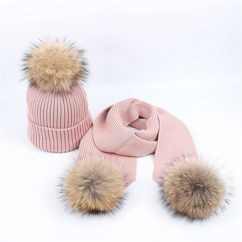 Luxe Vrouwen Hoeden En Sjaals Kinderen Sneeuw Dragen Hoeden Winter Gebreide Skullies 2Pcs Unisex Effen Kleur: Roze / Adult