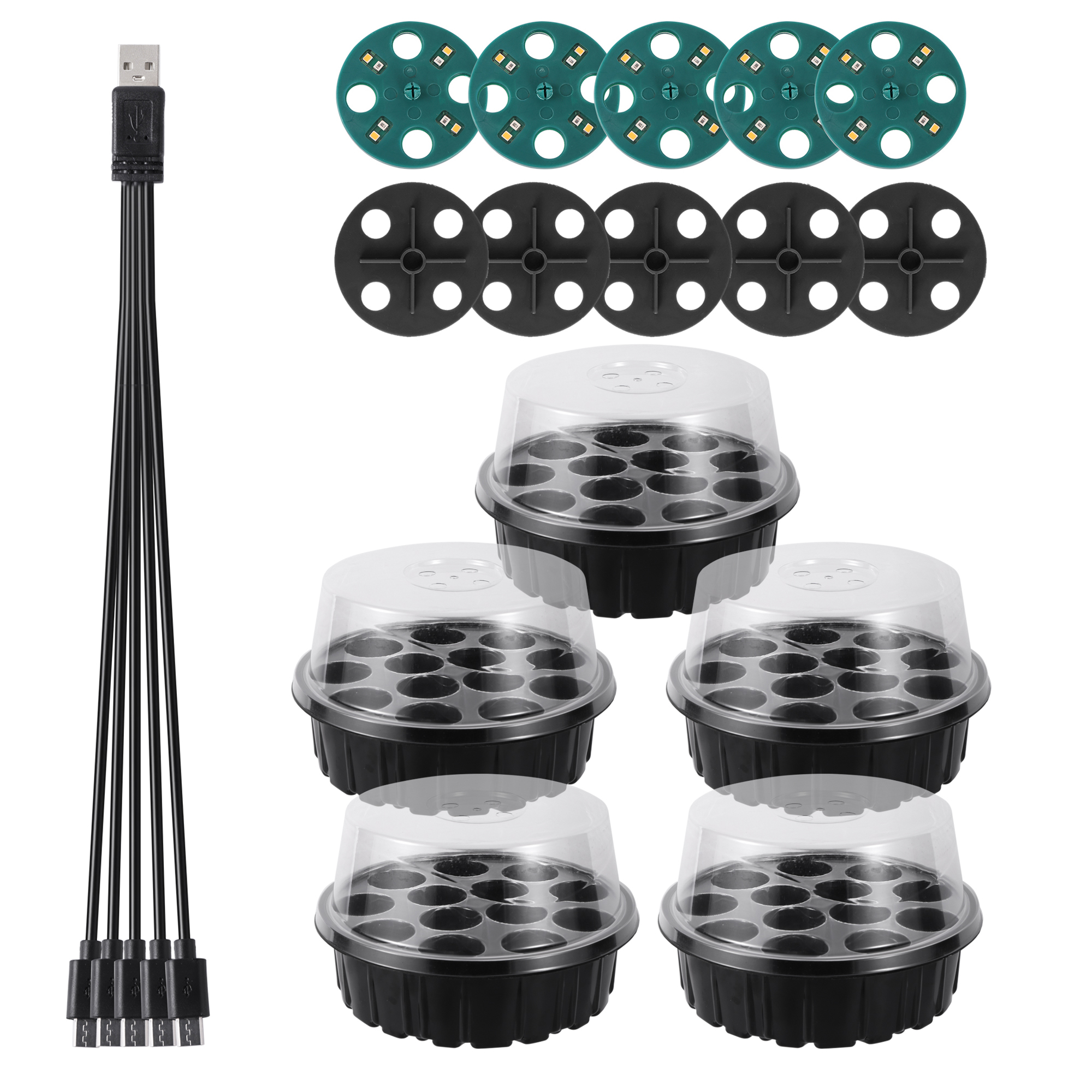 Caja de vivero de plántulas con luz LED de cultivo, bandeja de inicio de semillas, maceta de cría de plántulas, macetero de germinación de invernadero de jardín: Negro