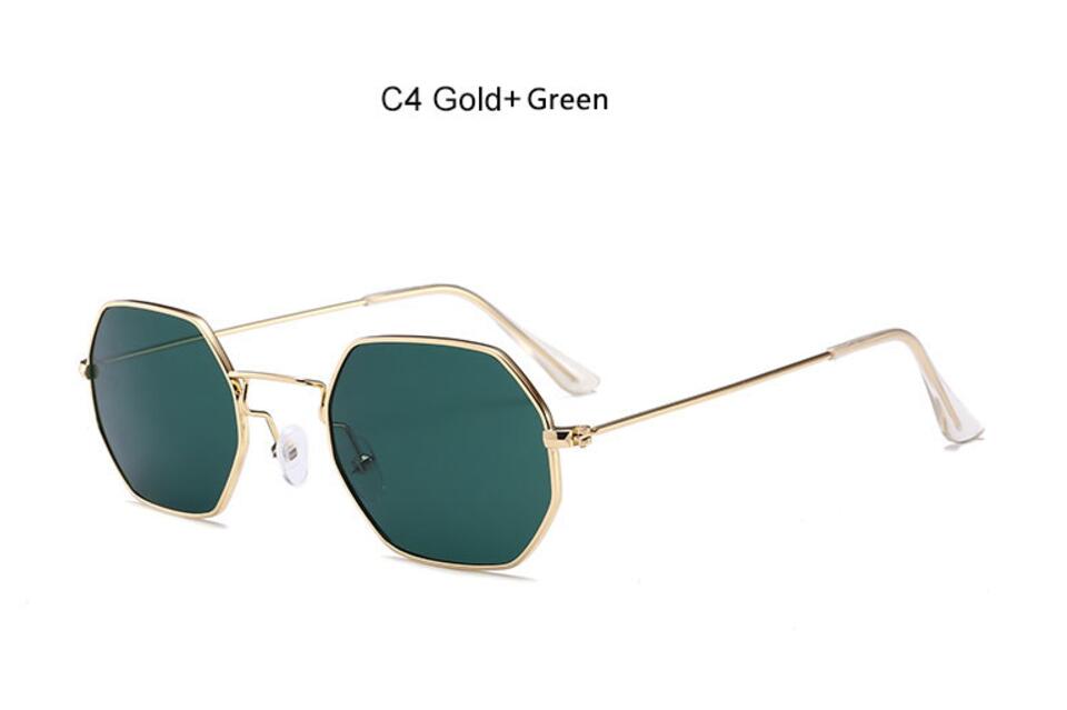 90's hexagon zonnebril vrouwen classic Platte Lens Clear Zonnebril mannen mannelijke retro kleine metalen frame zonnebril vierkante glazen: C4 Gold Green