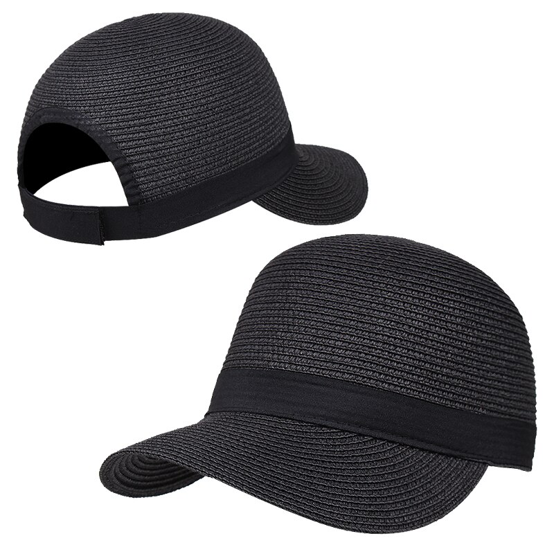 Sombrero de playa sencillo para mujer, sombrero de paja panamá, sombrero de paja con lazo, sombrero con forma de cubo para mujer: Negro