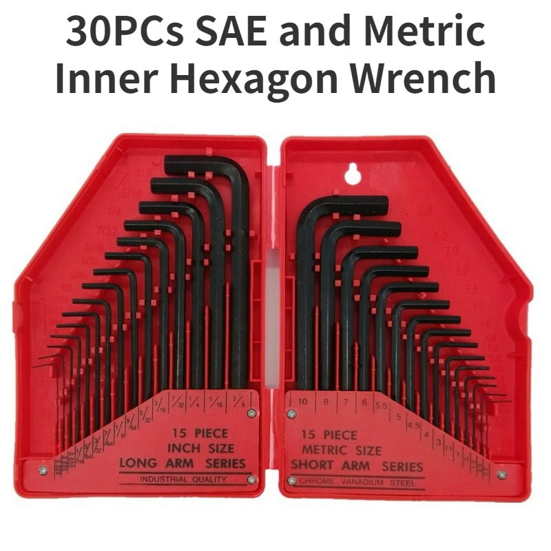 30PCs Hex Key Wrench Set, Metric and SAE Allen Wrenches (0.028-3/8 Inch, 0.7-10 Mm) L Shape Allen Keys,High Hardness Steel
