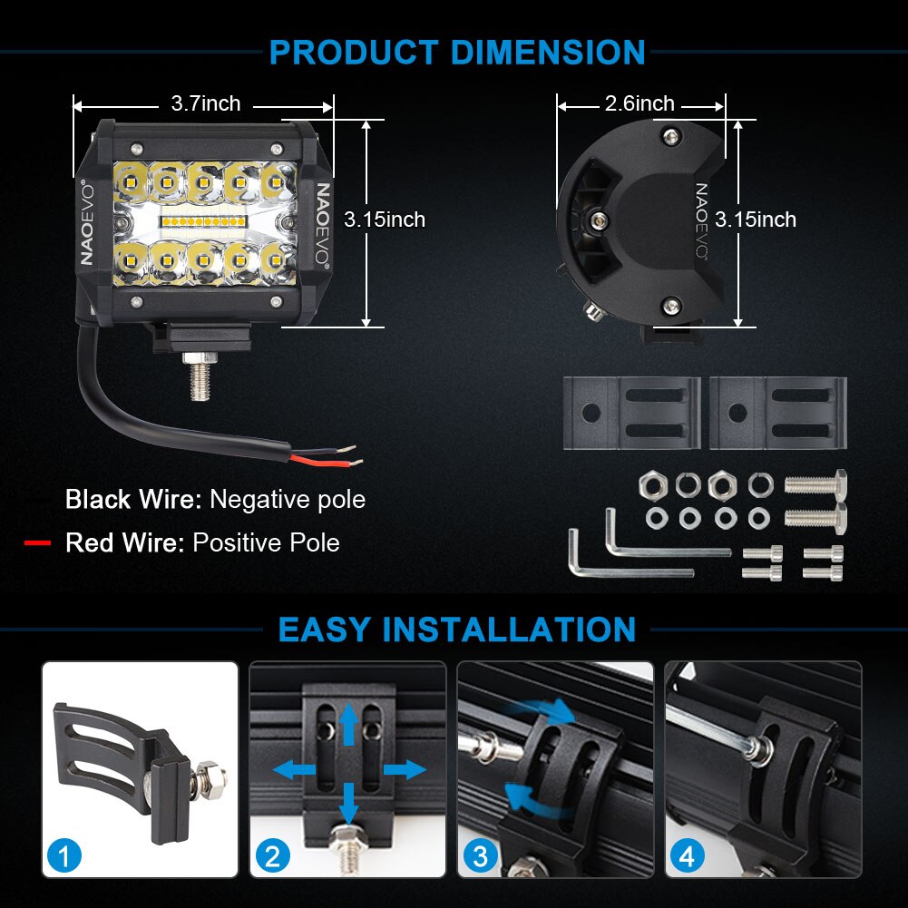 NAOEVO 4 Inch Cube Led Work Light OffRoad 144W 12V 24V Driving Fog Barra LED Bar Lights For Auto Motorcycle 4x4 Truck ATV SUV