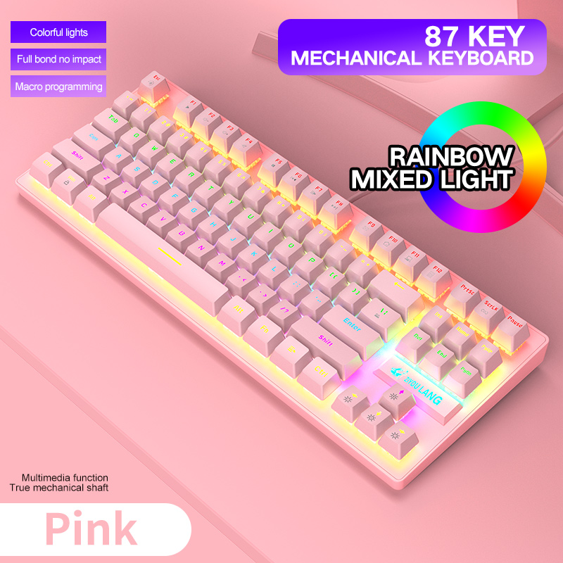 Colorful Backlit Gaming Mechanical Keyboard 87Keys Blue Switch Rainbow Backlight Game Wired Keyboard for Office Laptop PC Gamer: XJP003Pink