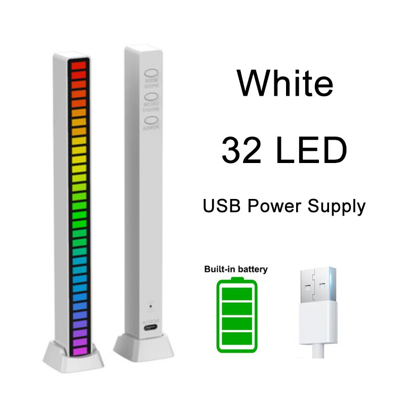 Lumières LED colorées de contrôle du son, rvb, contrôle par application, lumière de ramassage de rythme de musique, DJ Disco, voiture, TV, ordinateur de bureau, décoration: White with battery