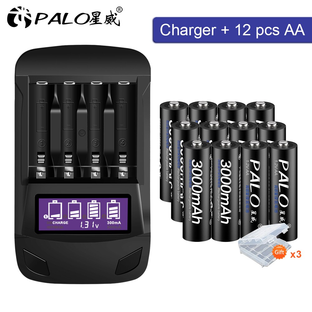Pila AA recargable, AA NiMH 1,2 V 2A, batería prealimentada, pilas aa de baja autodescarga y cargador de batería inteligente para AA AAA: 12AA and charger