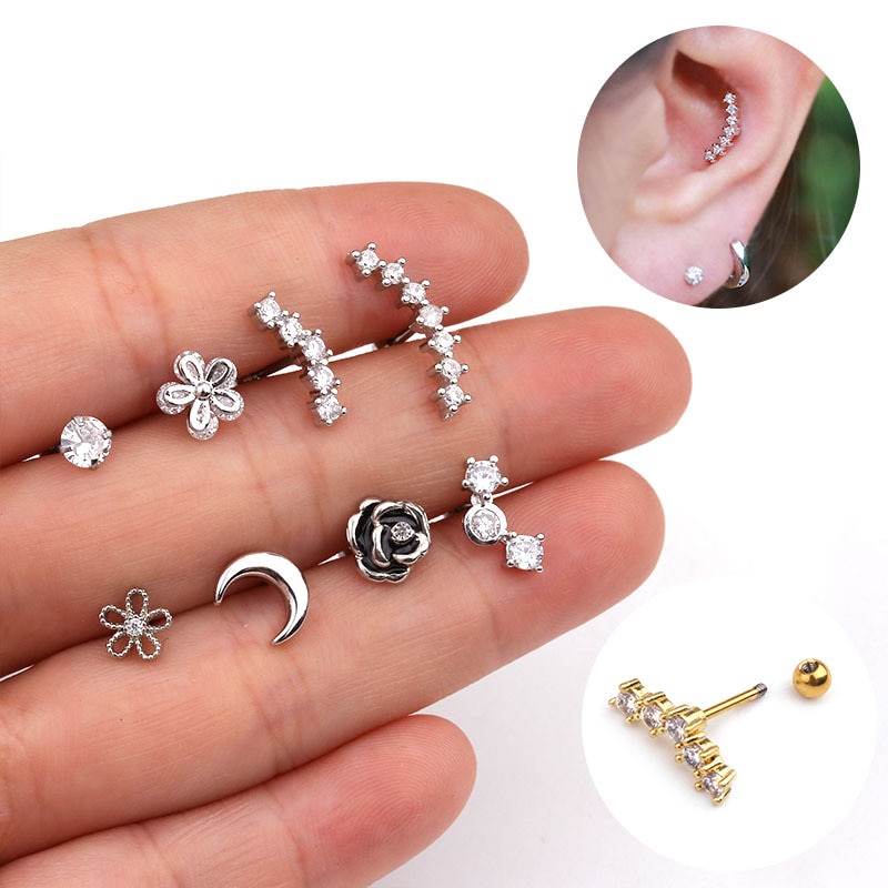 1 pieza plata Rosa flor ola Luna CZ oreja Piercing pendientes tachuelas elegantes mujeres Tragus Helix cartílago Piercing joyería