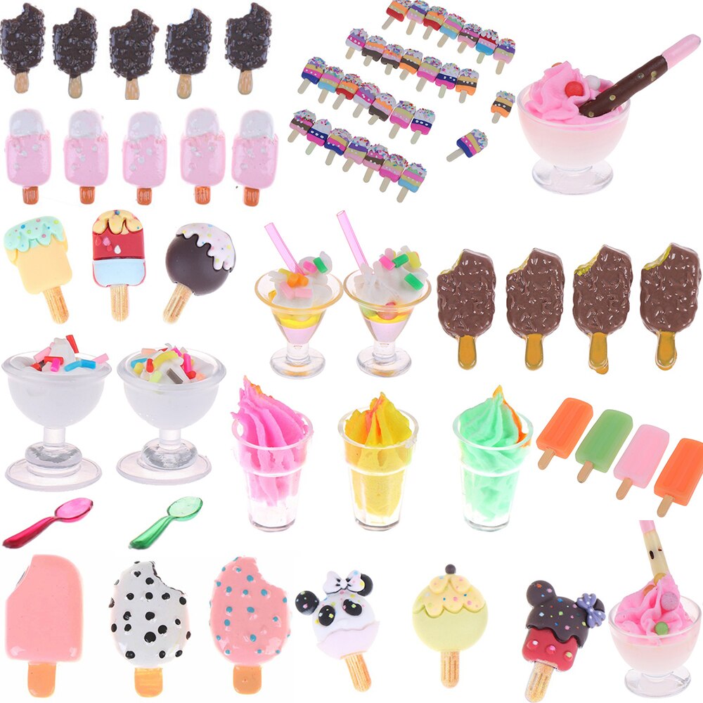 Cute Mini Dollhouse Miniature Pretend Toys Ice Cream Cups Spoon Bar DIY Ice-lolly Simulation Food For Dolls Accessories