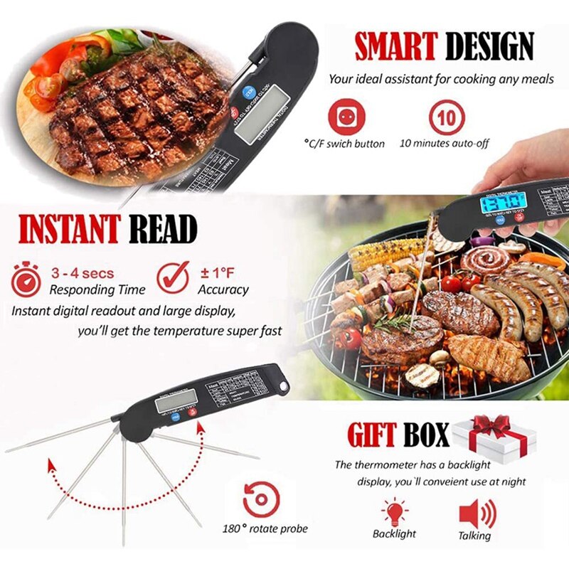 Food Thermometer Digital Instant Read Meat and Cooking Tool Kitchen Steak Deep Fry Smoker BBQ Foldable Temperature Gauge