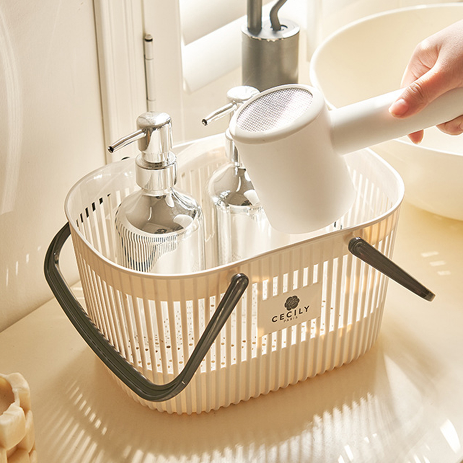 Panier organisateur en plastique avec poignées, bac de toilette de Drainage, panier de rangement empilable pour ranger le bain et le corps