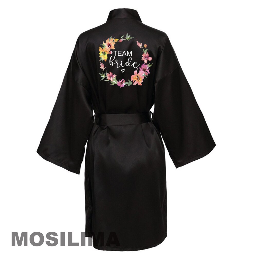 Bruiloft Team Bruid Gewaad Kimono Satijnen Pyjama Bruidsmeisje Badjas SP073: XXL / Black