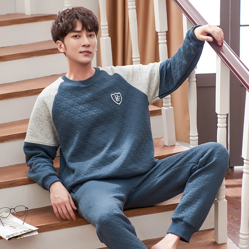Winter Dicke Warme Blau Stepp Schlafanzug setzt für Männer Langarm Luft baumwolle Zwischenschicht Nachtwäsche Loungewear Homewear Hause Kleidung
