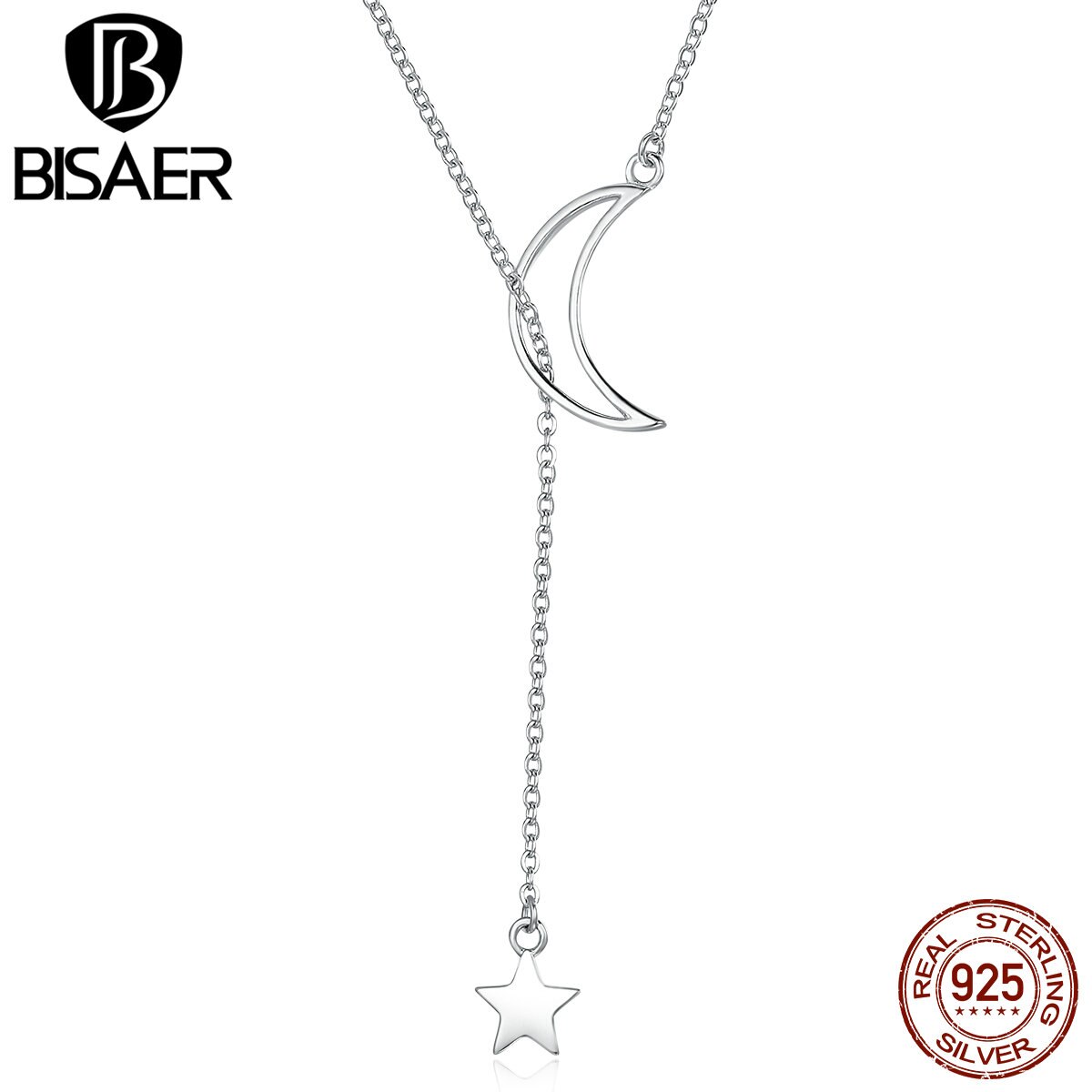 BISAER Authentische modisch 925 Sterling Silber Mond und Sterne Geschichten Kette Verknüpfung Lange Anhänger Halsketten für Frauen Edlen Schmuck GXN108