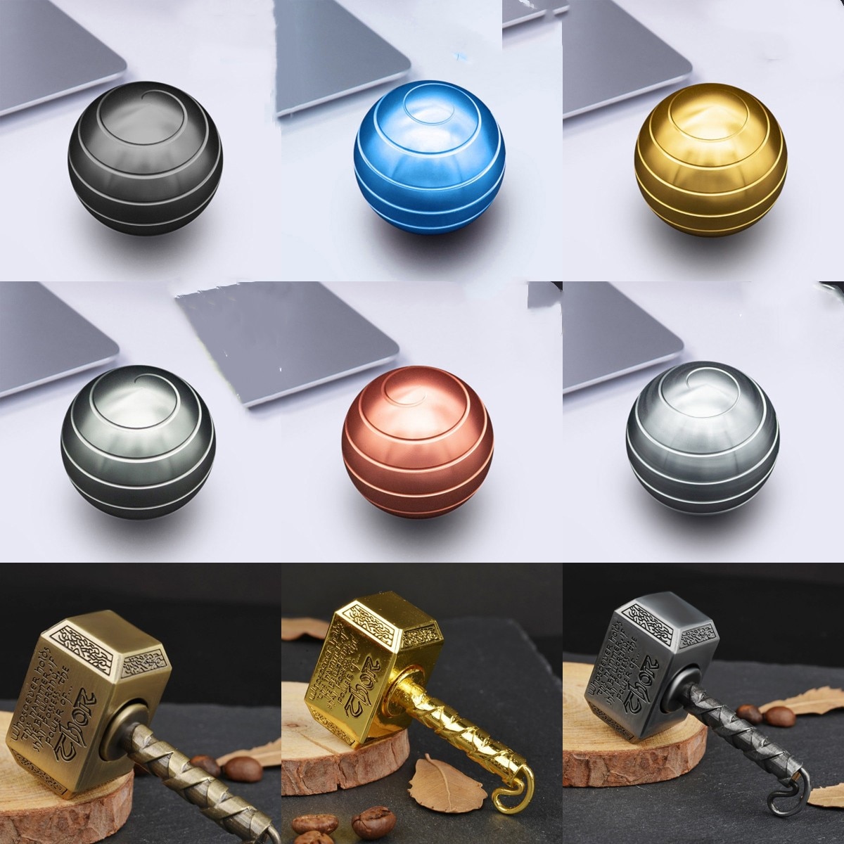 38mm Desktop Decompression Rotating Spherical Gyroscope Office Desk Fidget Toys ＆ Hammer Shape Hand Spinner Toy Made by Metal