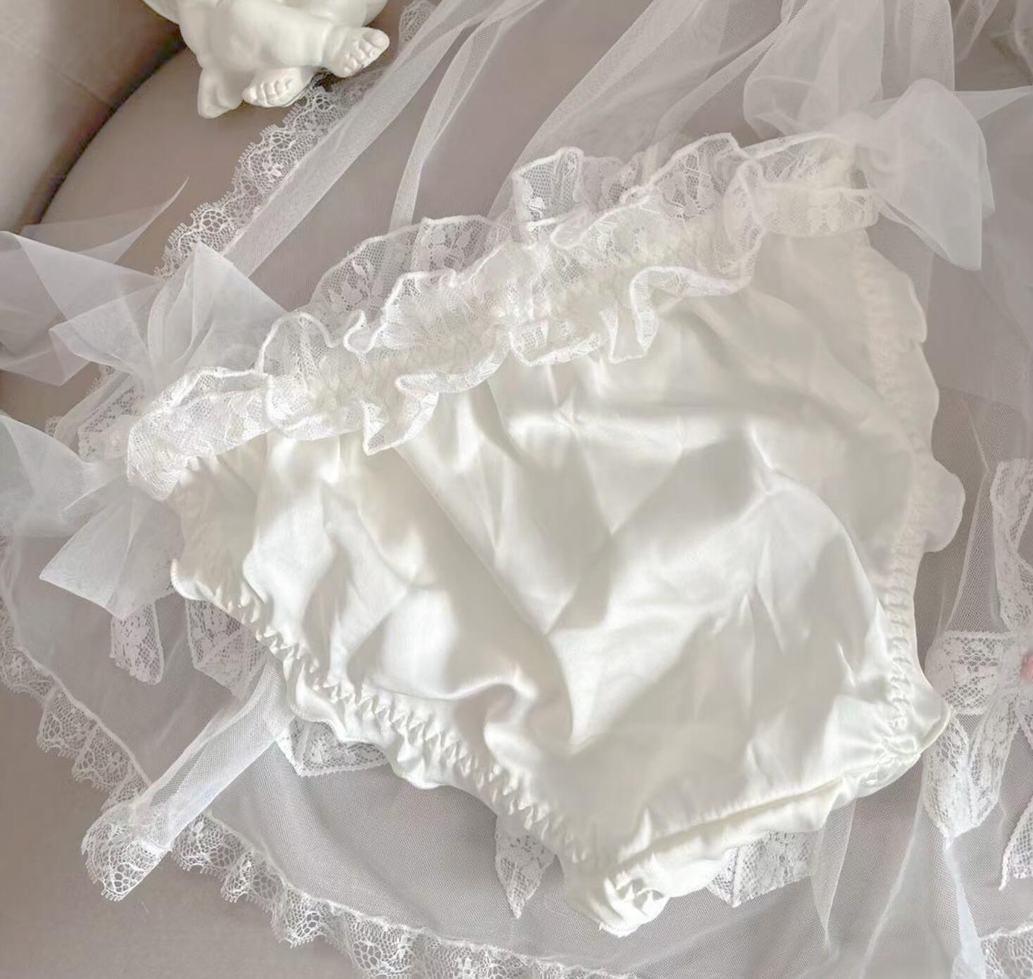 Bragas sexys de Lolita Kawaii, ropa interior de satén sedoso con encaje y volantes laterales, , M, L, XL,