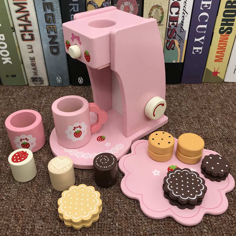 Wooden Coffee Machine Kinchen Items Dinner Plate Tea Cup Set Realistic Pink Wooden Coffee Maker Kitchen Accessories: Default Title