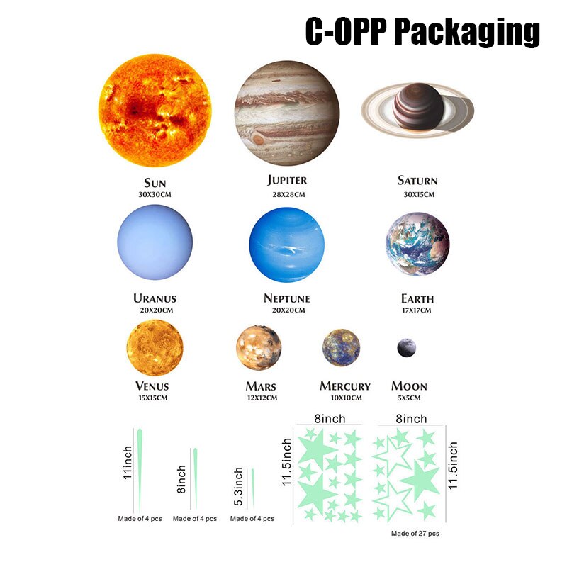 Luminous Stars Planets PVC Wall Stickers Glow in Dark Space Series Nine Planets Wall Decor Stickers for Bedroom DIY SNO8: c opp packaging