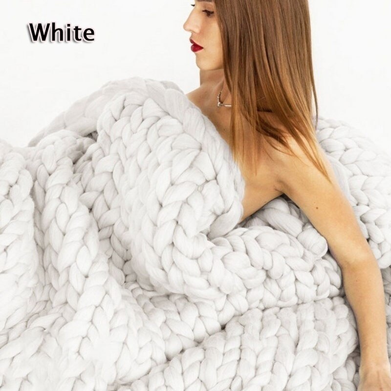 Stort varmt håndstrikket tæppe 100 x 120cm blød uld tyk linje garn vinter klumpet sofa kaste fotografering rekvisitter: Hvid