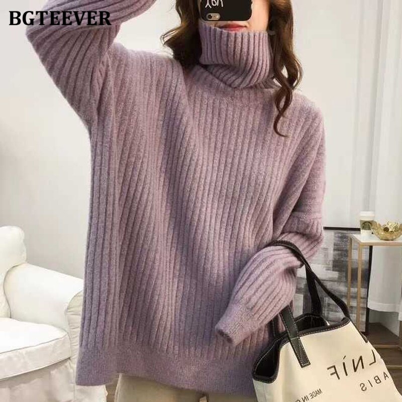 Bgteever Elegante Losse Coltrui Thicken Vrouwen Trui Mode Lange Mouw Vrouwelijke Trui Truien Winter Breien Trui: purple
