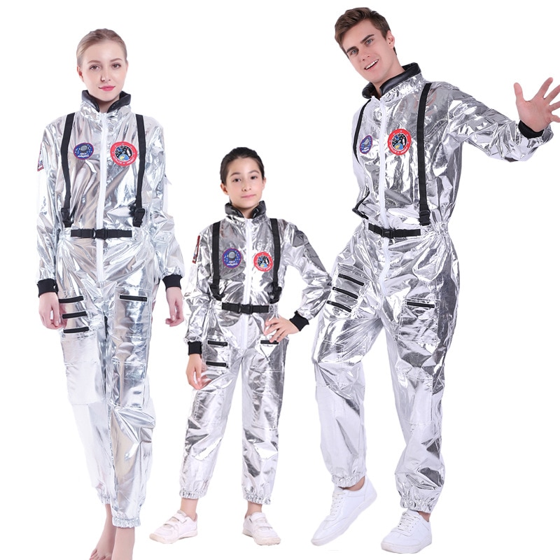 Adult Kids costume For Adult Astronaut Costume Men Cosplay Boys Outer Space Kid Costume Sliver Jumpsuit Family Cosplay Carnival