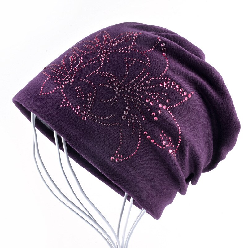 Female Beanie Bonnet Autumn And Winter Caps Hip-hop Cap Flower Rhinestone Hats For Women Beanies: Purple