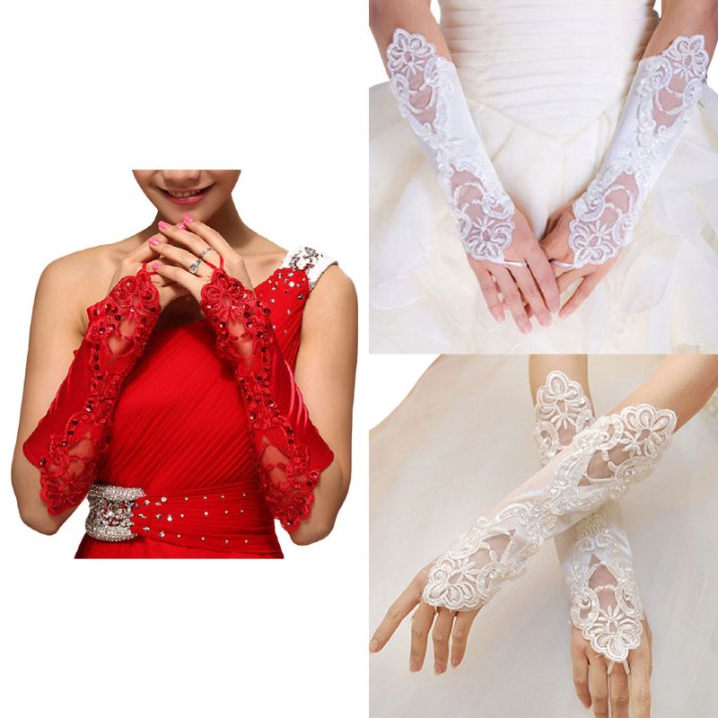 Guantes largos de novia para mujer, sin dedos, bordados, encaje, lentejuelas brillantes, Color sólido, longitud del codo, mitones, gancho, dedo, boda