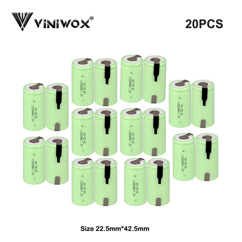 1300mAh SC Ni-CD 1.2V Rechargeable Batteries Cell for Electric Screwdriver Power Tool Battery Light Toy Accumulator: 20PCS