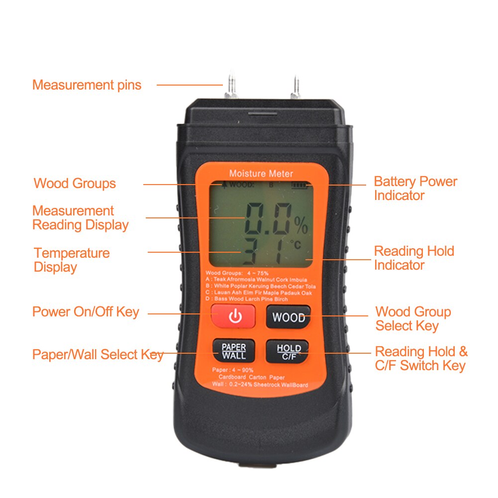 Wood Moisture Meter Analysis Multifunctional Wall Hygrometer Temperature Testing Paper Accurate Digital Display